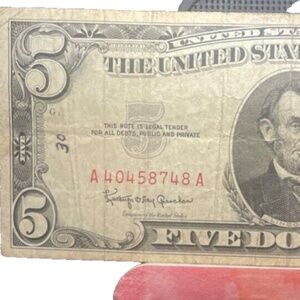 1963 $5 Red Seal # A 40458748 A Legal Note-63 Years old #204916797537